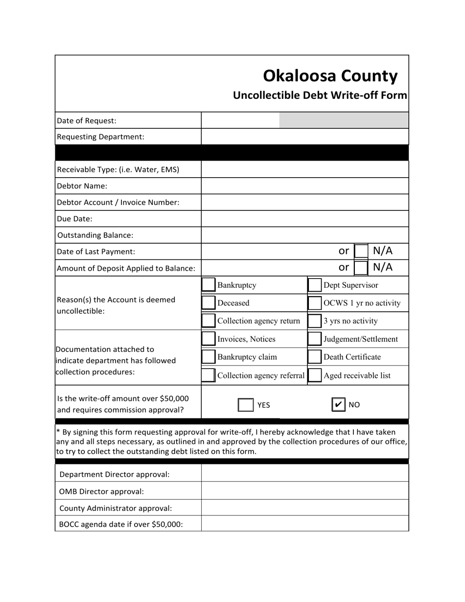 Uncollectible Debt Write-off Form - Okaloosa County, Florida, Page 1