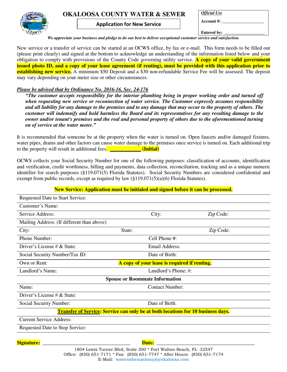 Application for New Service - Okaloosa County, Florida, Page 1