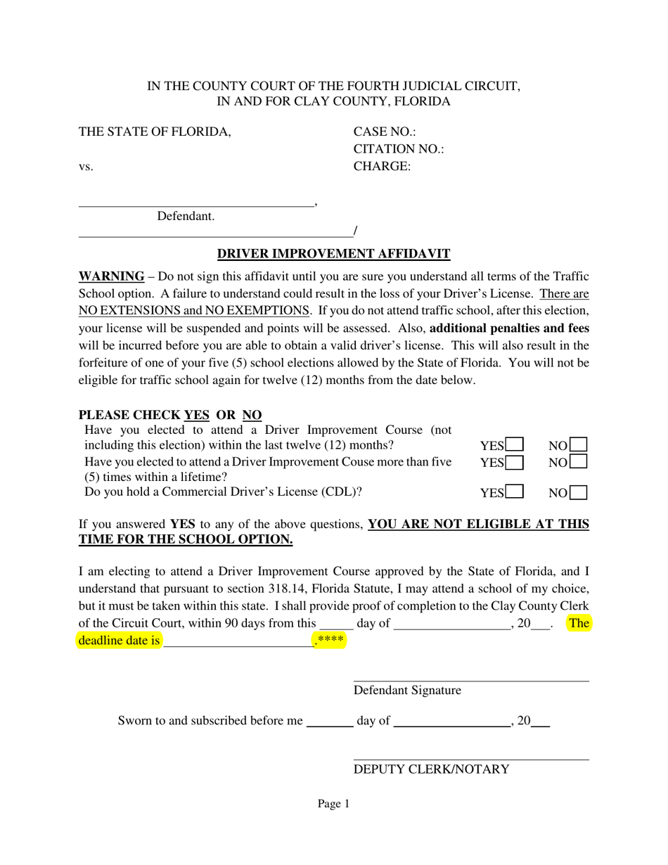 Driver Improvement Affidavit - Clay County, Florida, Page 1