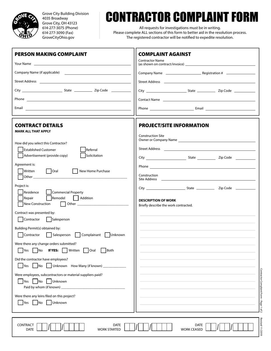 Contractor Complaint Form - Grove City, Ohio, Page 1
