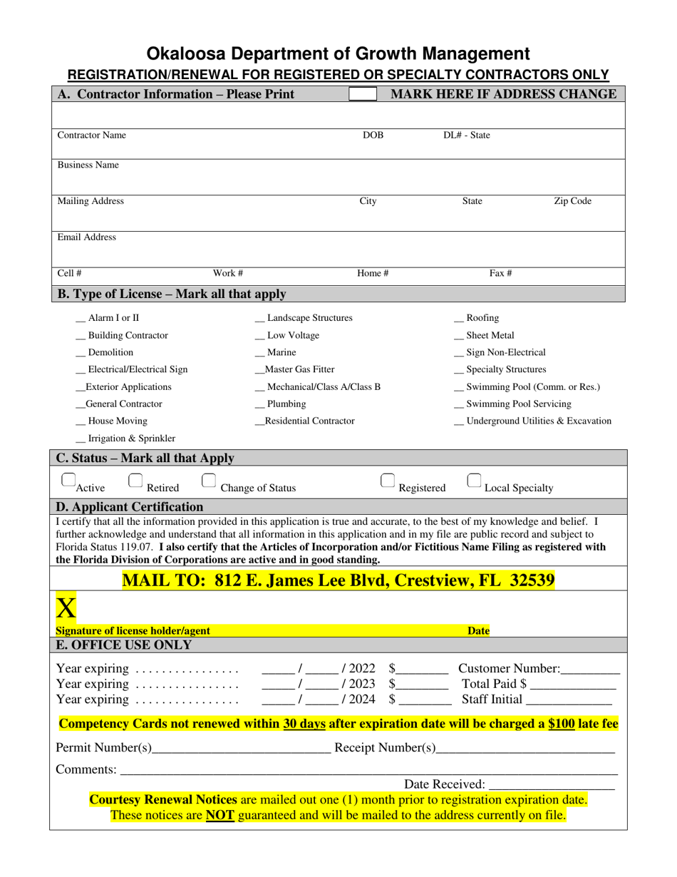 Registration / Renewal for Registered or Specialty Contractors Only - Okaloosa County, Florida, Page 1
