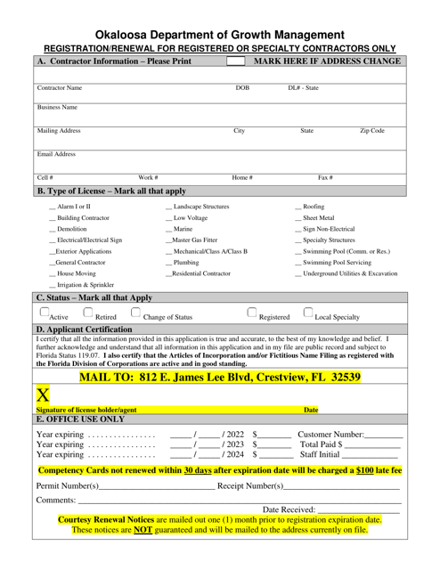 Registration / Renewal for Registered or Specialty Contractors Only - Okaloosa County, Florida Download Pdf