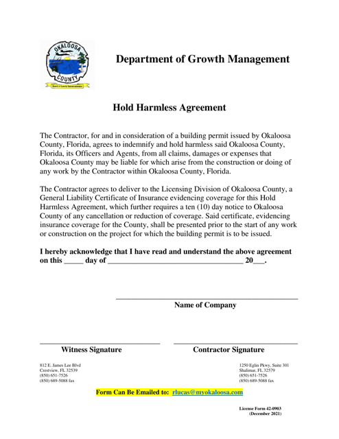 Form 42-0903 Hold Harmless Agreement - Okaloosa County, Florida