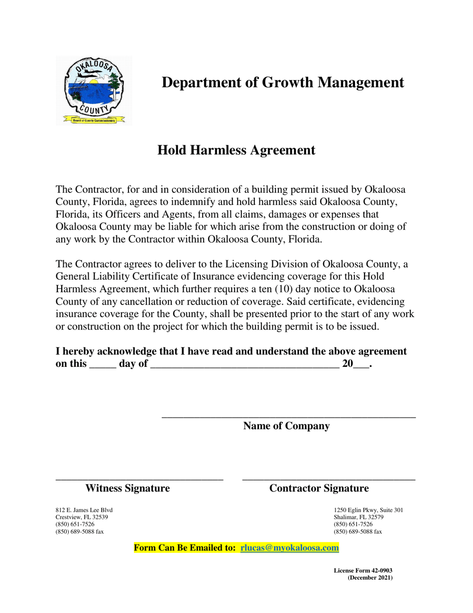 Form 42-0903 Hold Harmless Agreement - Okaloosa County, Florida, Page 1