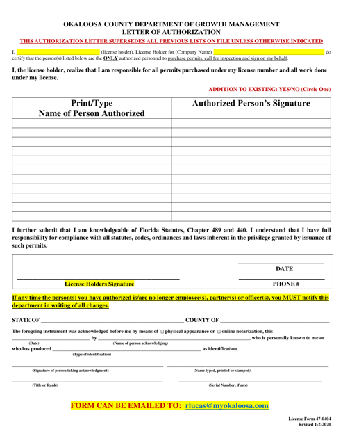 Form 47-0404 Letter of Authorization - Okaloosa County, Florida