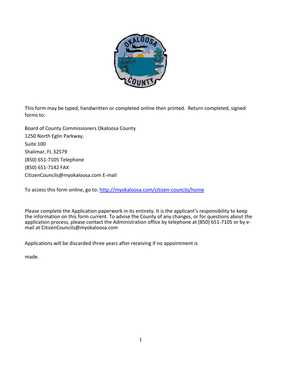 Application for Okaloosa County Boards, Commissions, Councils and Committees - Okaloosa County, Florida, Page 1