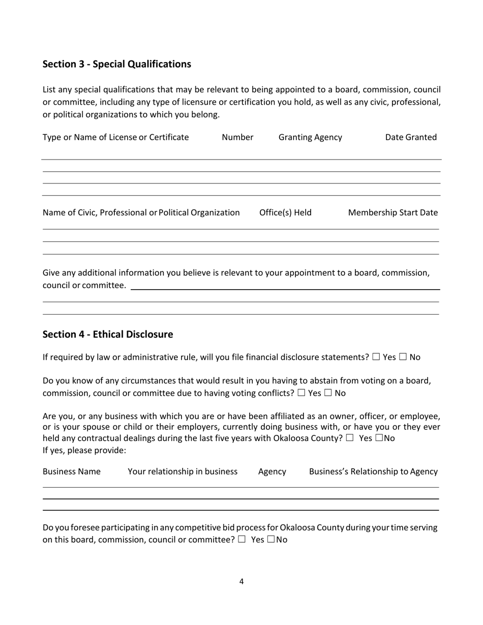 Application for Okaloosa County Boards, Commissions, Councils and Committees - Okaloosa County, Florida, Page 4