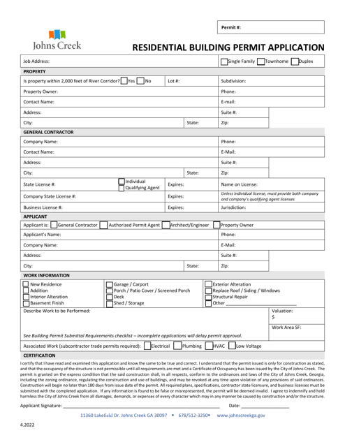 Residential Building Permit Application - City of Johns Creek, Georgia (United States) Download Pdf