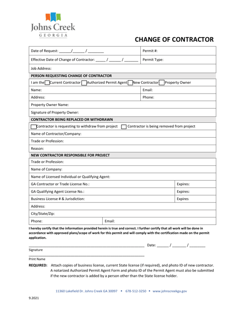 Change of Contractor - City of Johns Creek, Georgia (United States) Download Pdf