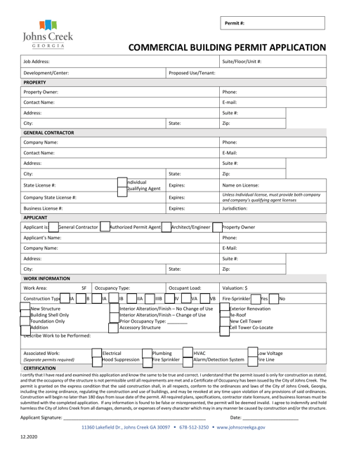 Commercial Building Permit Application - City of Johns Creek, Georgia (United States) Download Pdf
