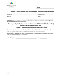 Hours of Construction for Land Disturbance and Building Activities Agreement - City of Johns Creek, Georgia (United States)