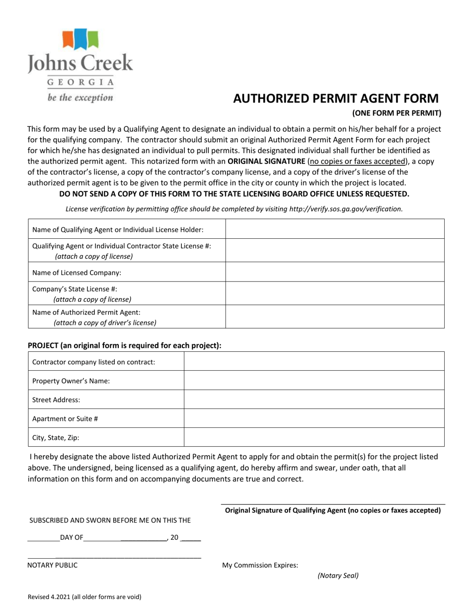 Authorized Permit Agent Form - City of Johns Creek, Georgia (United States), Page 1