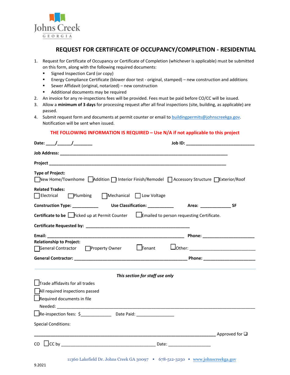 Request for Certificate of Occupancy/Completion - Residential - City of Johns Creek, Georgia (United States), Page 1
