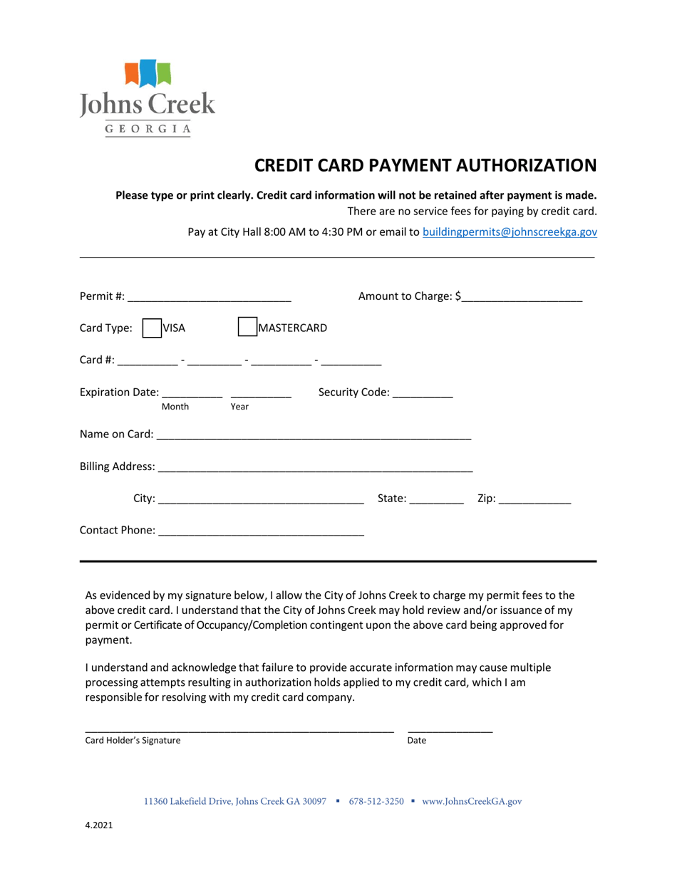 Credit Card Payment Authorization - City of Johns Creek, Georgia (United States), Page 1
