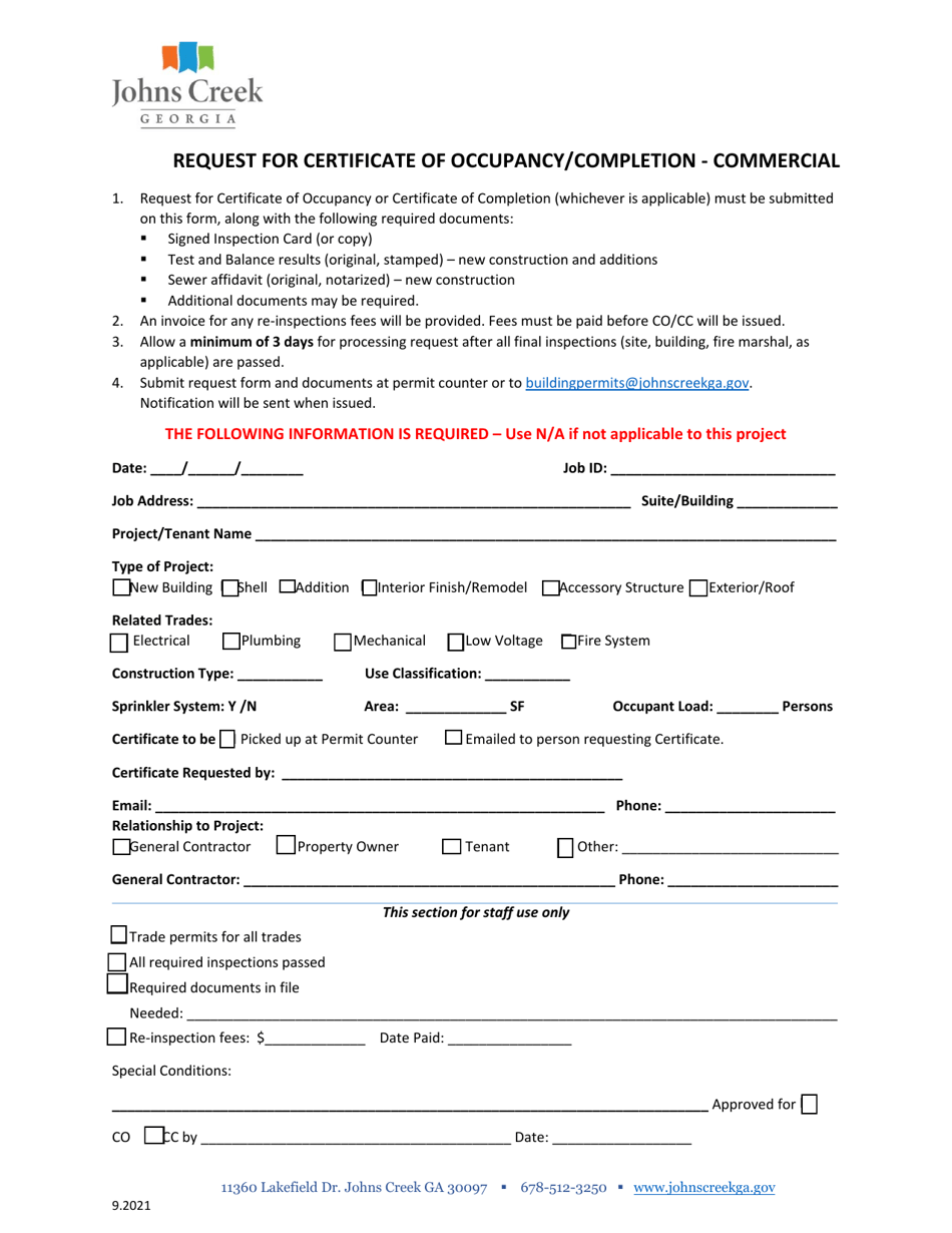 Request for Certificate of Occupancy / Completion - Commercial - City of Johns Creek, Georgia (United States), Page 1