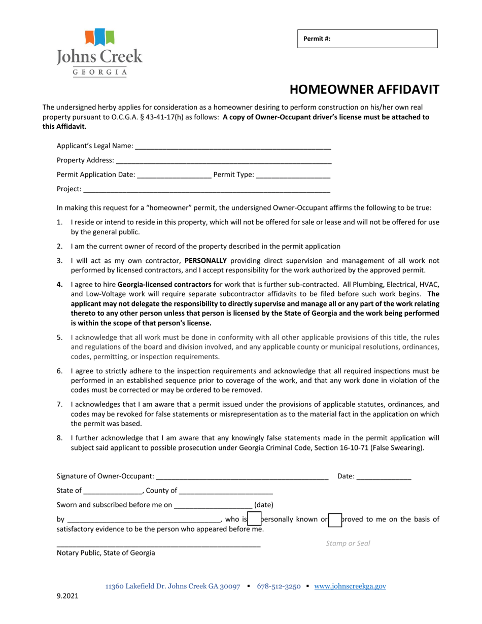Homeowner Affidavit - City of Johns Creek, Georgia (United States), Page 1