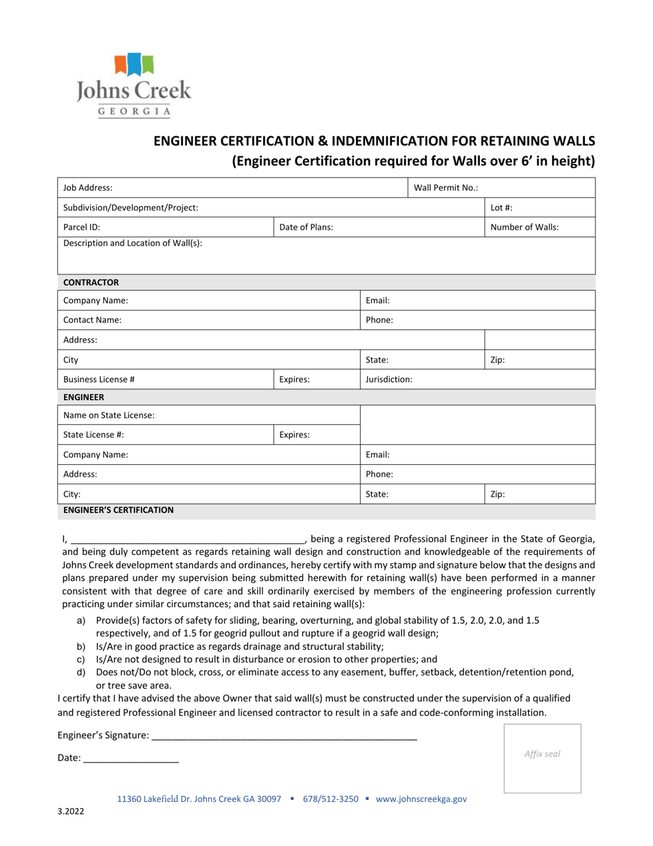 Engineer Certification  Indemnification for Retaining Walls - City of Johns Creek, Georgia (United States), Page 1
