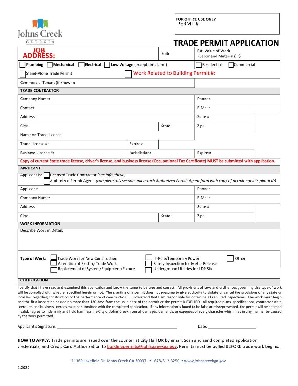 Trade Permit Application - City of Johns Creek, Georgia (United States), Page 1