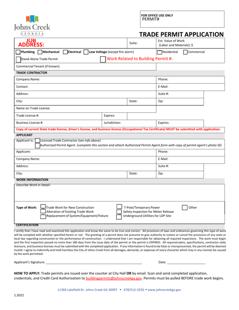 Trade Permit Application - City of Johns Creek, Georgia (United States) Download Pdf