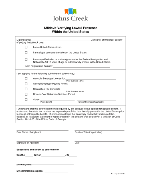 Document preview: Form R113 Affidavit Verifying Lawful Presence Within the United States - City of Johns Creek, Georgia (United States)