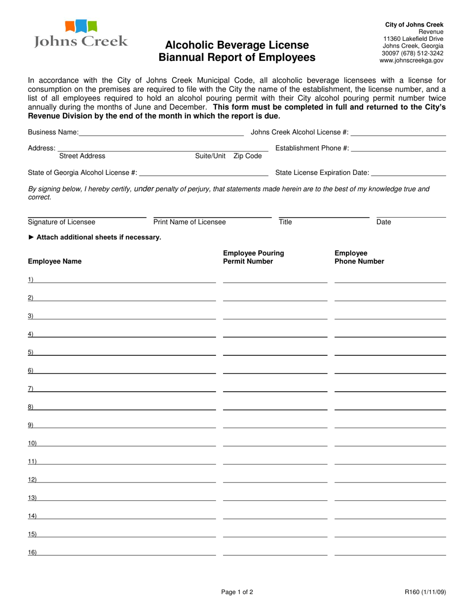 Form R160 Download Fillable PDF or Fill Online Alcoholic Beverage