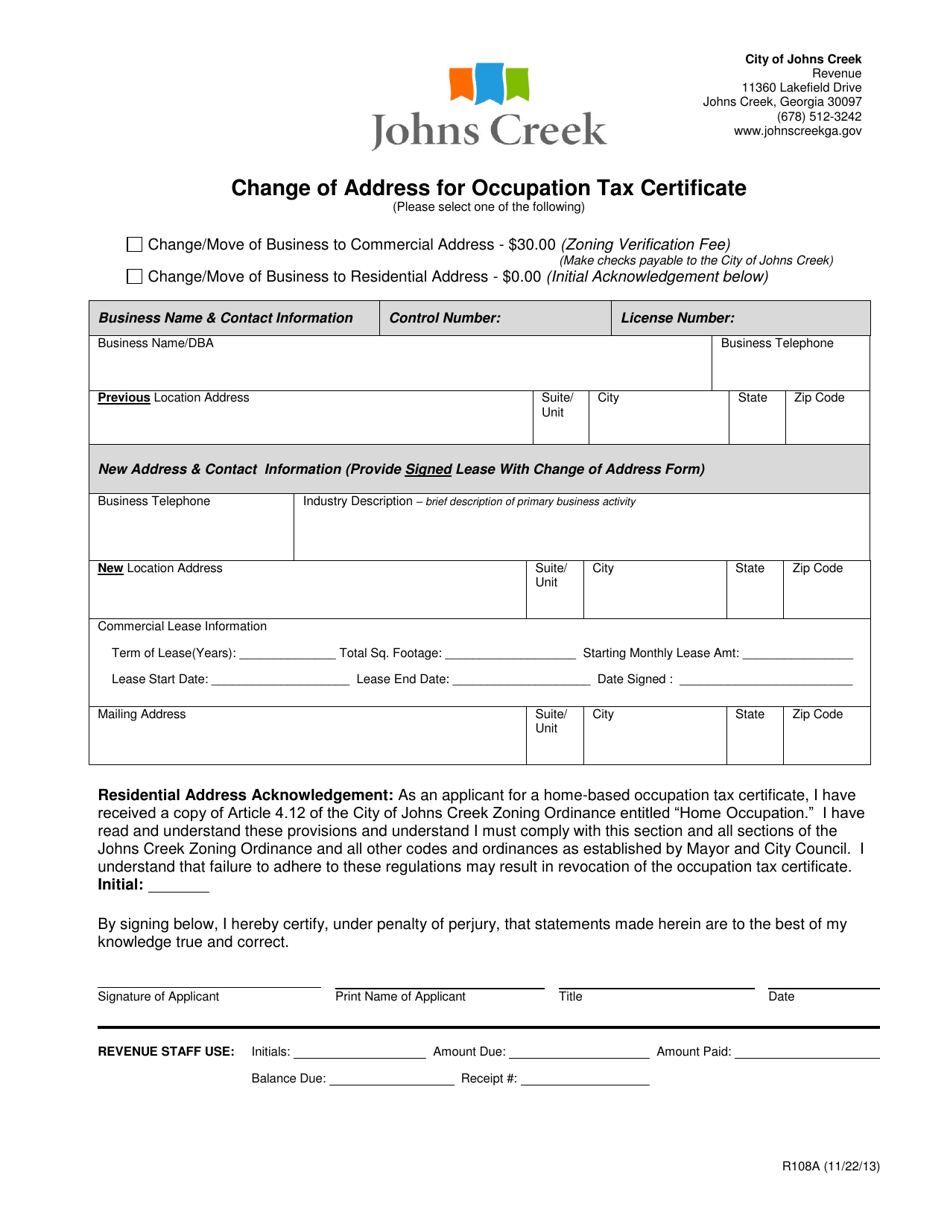 Form R108A Change of Address for Occupation Tax Certificate - City of Johns Creek, Georgia (United States), Page 1