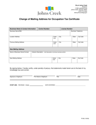 Document preview: Form R108 Change of Mailing Address for Occupation Tax Certificate - City of Johns Creek, Georgia (United States)