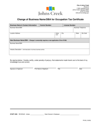 Document preview: Form R109 Change of Business Name/Dba for Occupation Tax Certificate - City of Johns Creek, Georgia (United States)