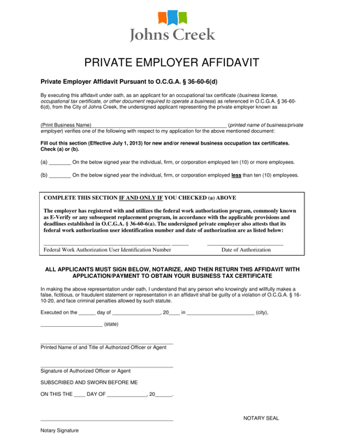 Private Employer Affidavit - City of Johns Creek, Georgia (United States)