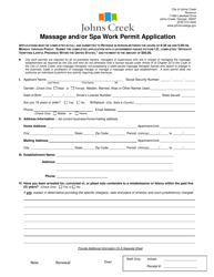 Document preview: Massage and/or SPA Work Permit Application - City of Johns Creek, Georgia (United States)