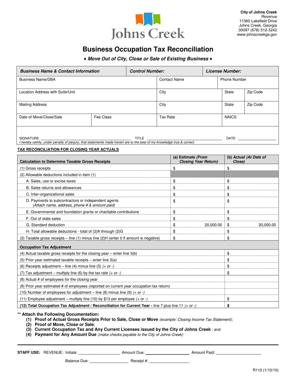 Form R110 Business Occupation Tax Reconciliation - City of Johns Creek, Georgia (United States), Page 1