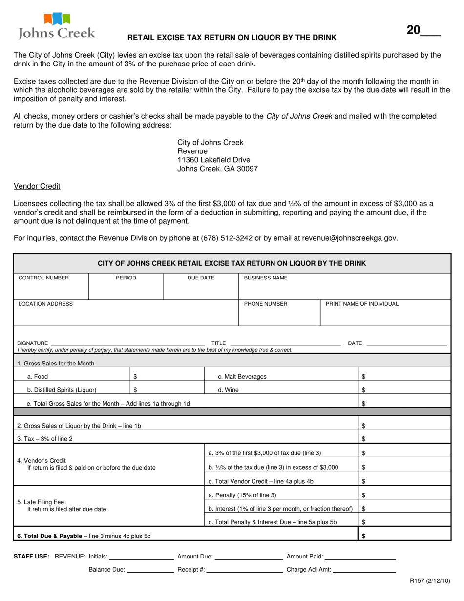 Form R157 Retail Excise Tax Return on Liquor by the Drink - City of Johns Creek, Georgia (United States), Page 1