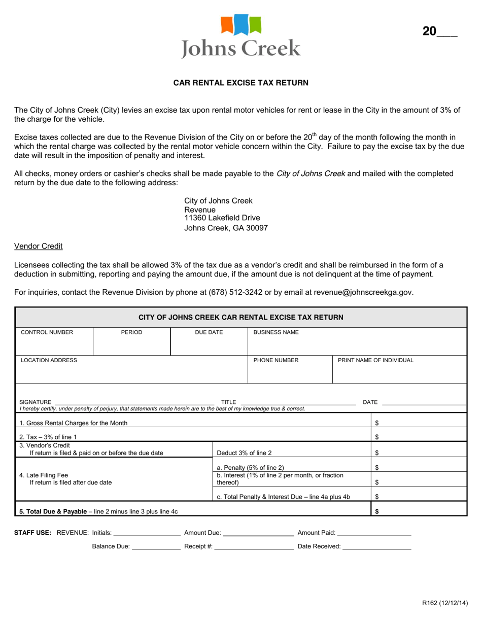Form R162 Car Rental Excise Tax Return - City of Johns Creek, Georgia (United States), Page 1