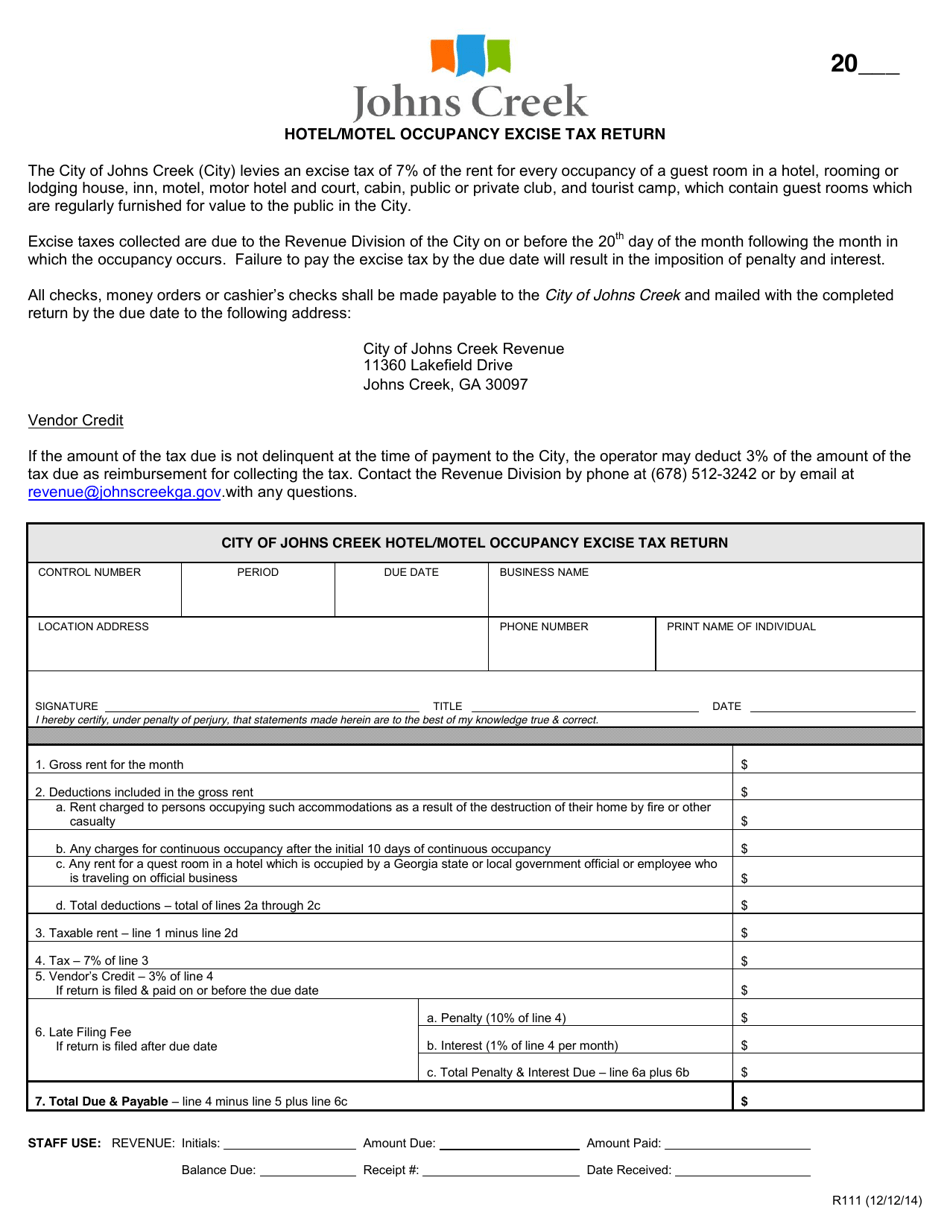 Form R111 Hotel/Motel Occupancy Excise Tax Return - City of Johns Creek, Georgia (United States), Page 1