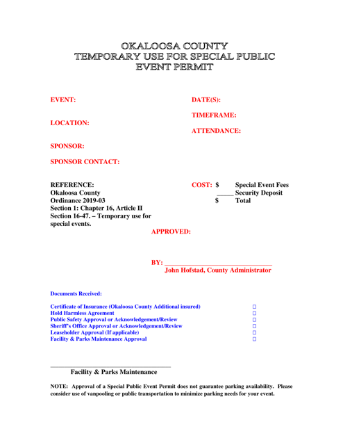 Temporary Use for Special Public Event Permit - Okaloosa County, Florida Download Pdf