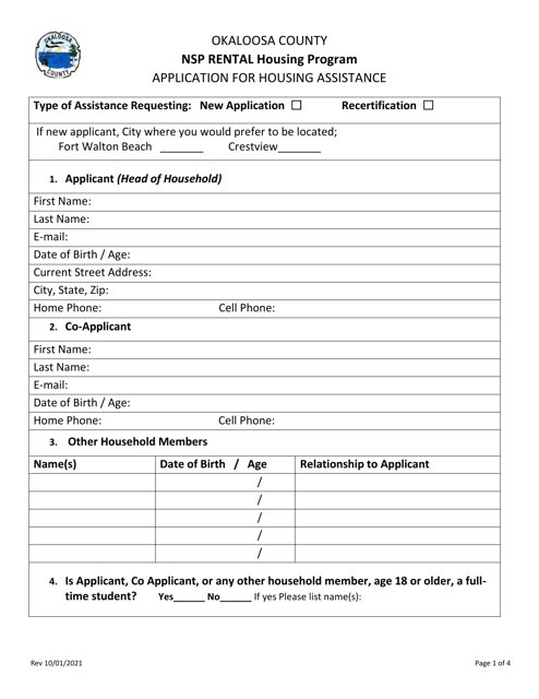 Application for Housing Assistance - Nsp Rental Housing Program - Okaloosa County, Florida Download Pdf