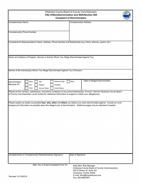 Title VI / Nondiscrimination and Ada / Section 504 Complaint of Discrimination - Okaloosa County, Florida Download Pdf