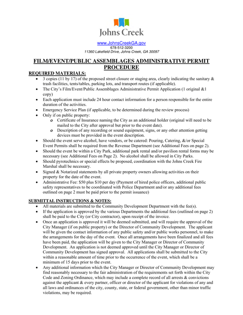 Film/Event/Public Assemblages Administrative Permit Application - City of Johns Creek, Georgia (United States) Download Pdf