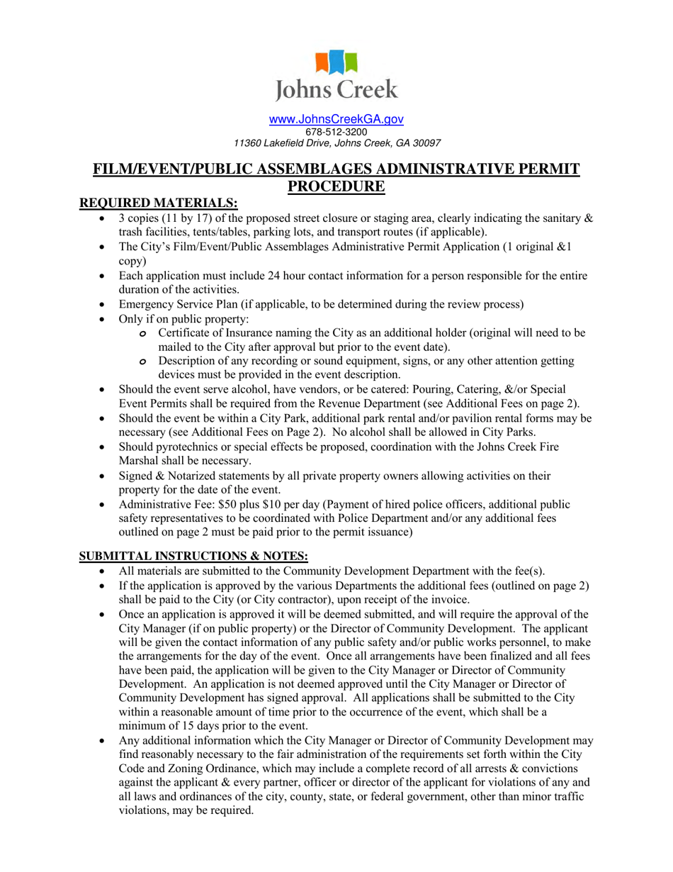 Film/Event/Public Assemblages Administrative Permit Application - City of Johns Creek, Georgia (United States), Page 1