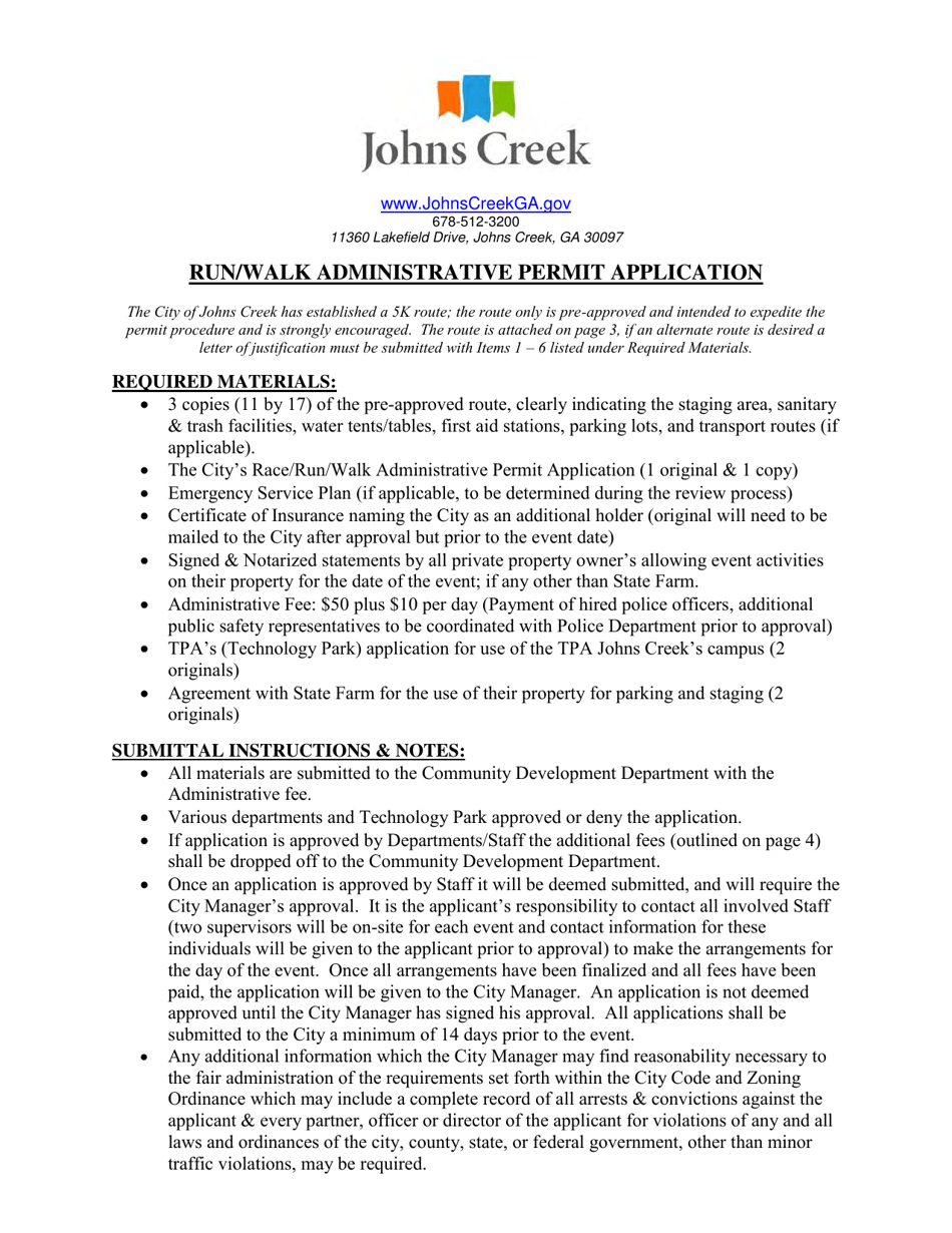 Run / Walk Administrative Permit Application - City of Johns Creek, Georgia (United States), Page 1