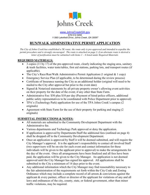 Run / Walk Administrative Permit Application - City of Johns Creek, Georgia (United States) Download Pdf
