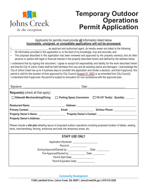 Temporary Outdoor Operations Permit Application - City of Johns Creek, Georgia (United States)