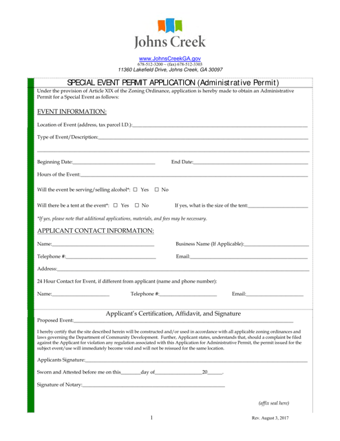 Special Event Permit Application (Administrative Permit) - City of Johns Creek, Georgia (United States) Download Pdf