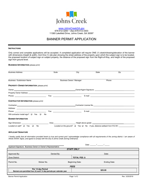 Banner Permit Application - City of Johns Creek, Georgia (United States) Download Pdf