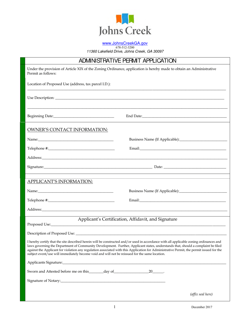 Administrative Permit Application - City of Johns Creek, Georgia (United States), Page 1