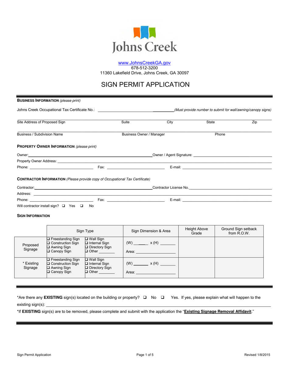 Sign Permit Application - City of Johns Creek, Georgia (United States), Page 1