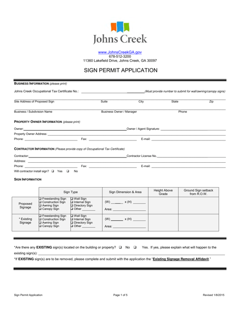 Sign Permit Application - City of Johns Creek, Georgia (United States) Download Pdf