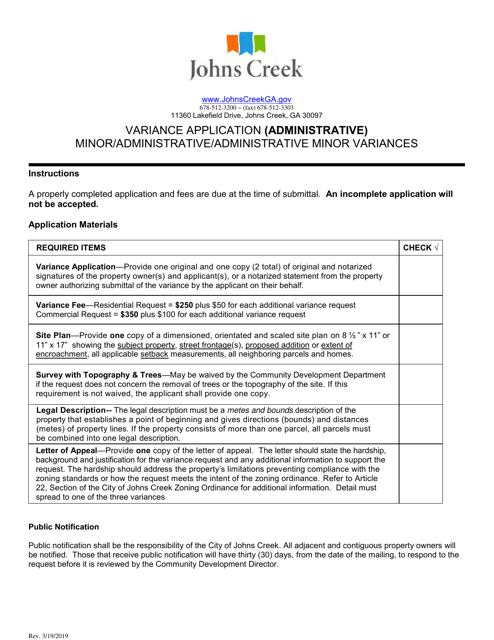 Variance Application (Administrative) - City of Johns Creek, Georgia (United States) Download Pdf