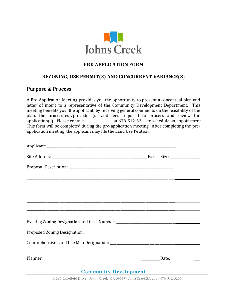Pre-application Form - Rezoning, Use Permit(S) and Concurrent Variance(S) - City of Johns Creek, Georgia (United States), Page 1