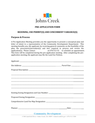 Document preview: Pre-application Form - Rezoning, Use Permit(S) and Concurrent Variance(S) - City of Johns Creek, Georgia (United States)